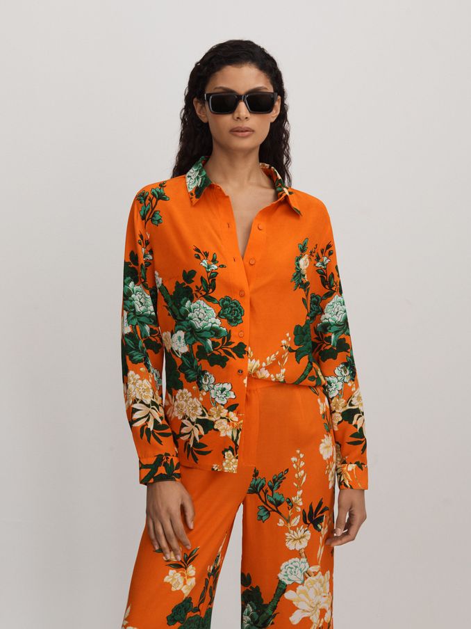 Raishma Silk Printed Button-Through Shirt in Orange (B77323) | 852 SAR