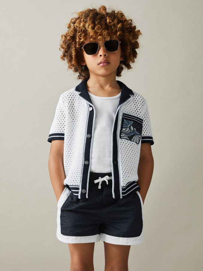 3-9 yrs Open-Stitch Embroidered Cuban Collar Shirt in White/Blue (B78097) | €28