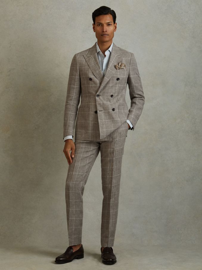 Burgess Light Taupe 100% Linen Side Adjuster Check Slim Fit Trousers (B78233) | €112