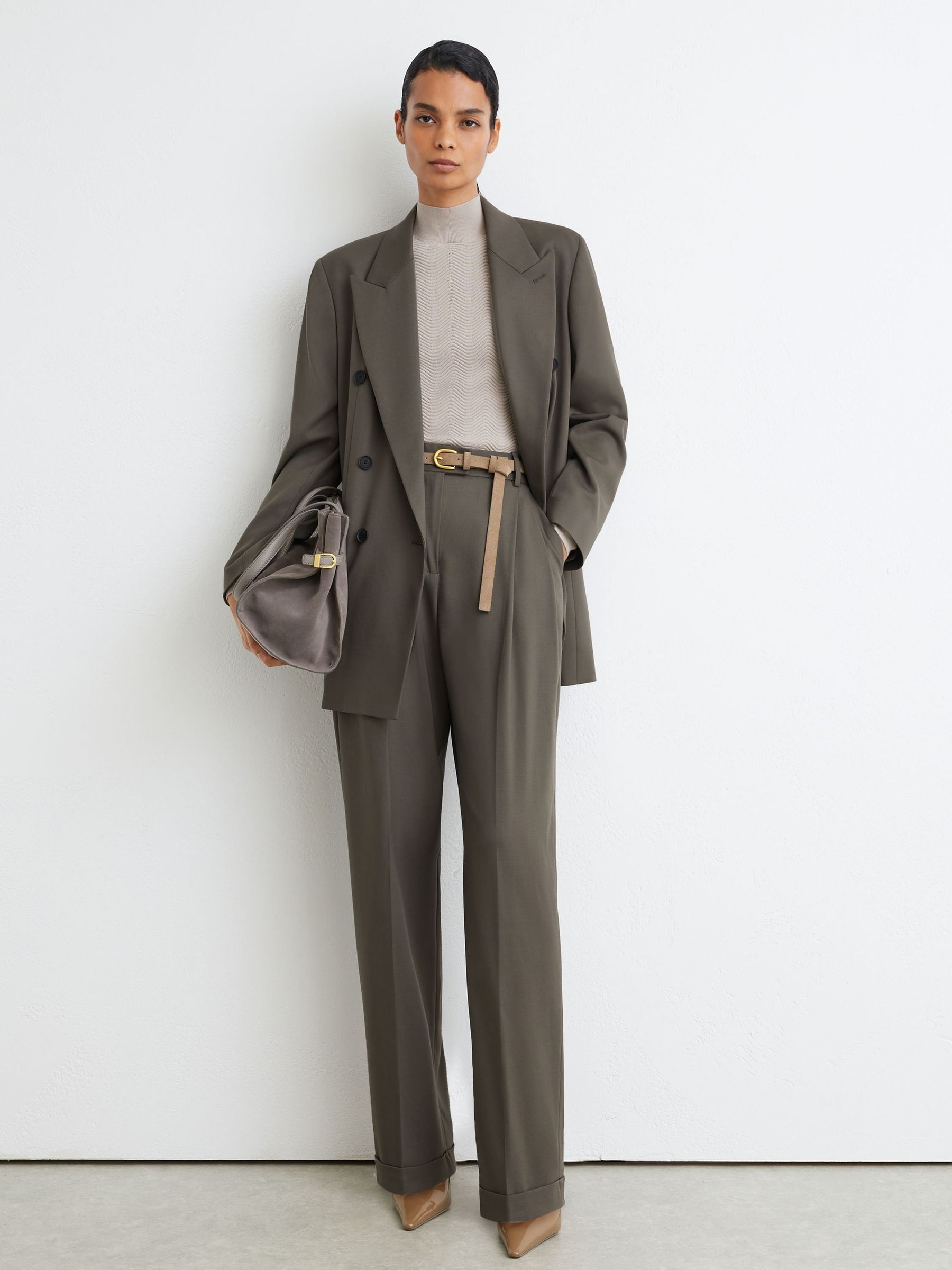šalvějově zelená - Wool-blend Wide-leg Pleated Suit Trousers