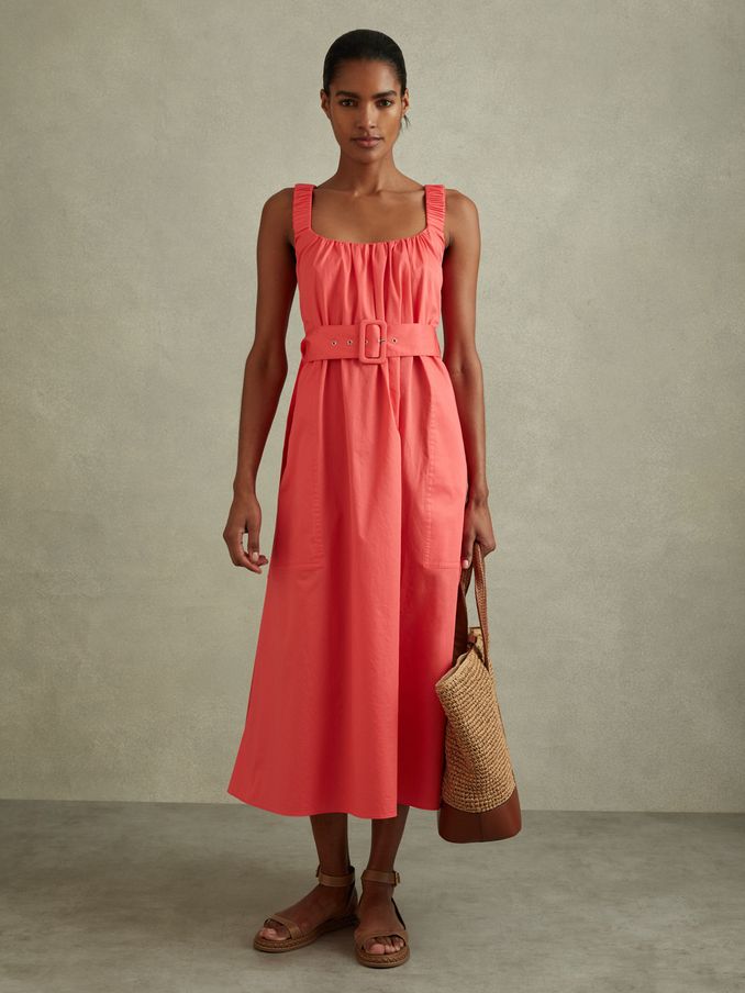 Cotton Ruched Strap Belted Midi Dress in Coral (B78656) | 272 SAR