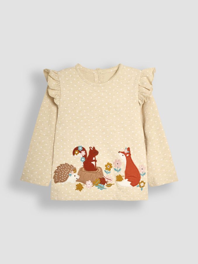 Natural Fox Frill Long Sleeve Appliqué Top (B78850) | $13
