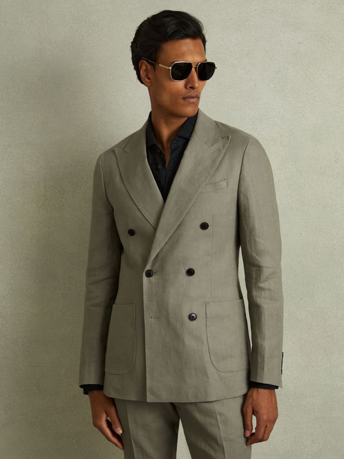 Linen Double Breasted Blazer in Light Sage Green (B78910) | €140