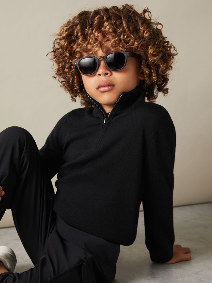9-13 yrs Merino Wool Half-Zip Funnel Neck Jumper in Black (B79356) | US$60