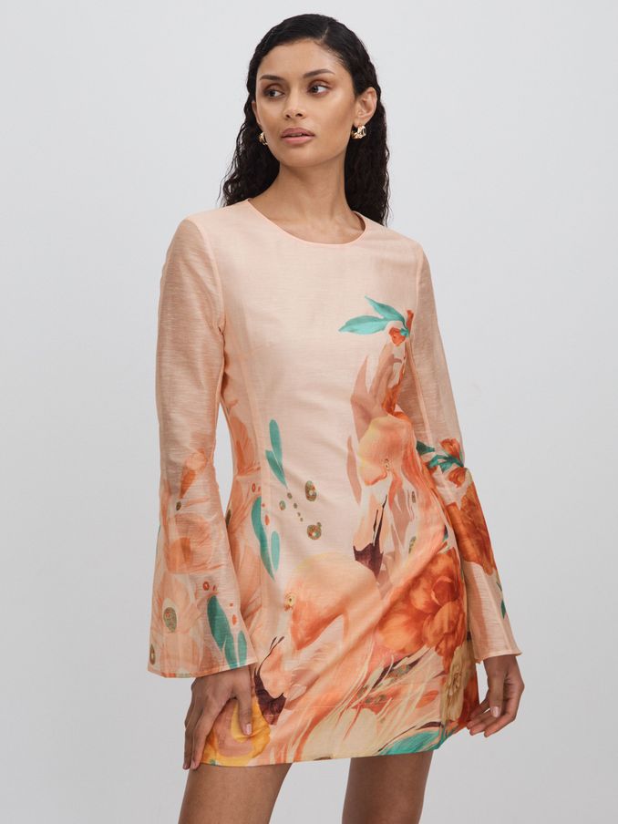 Leo Lin Linen Blend Printed A-Line Mini Dress in Soft Pink Print (B79379) | €315
