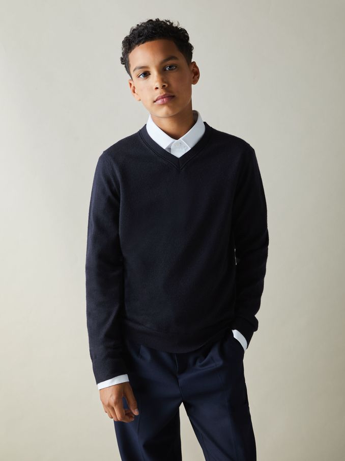 9-13 yrs Merino Wool V-Neck Jumper in Navy (B79780) | US$55