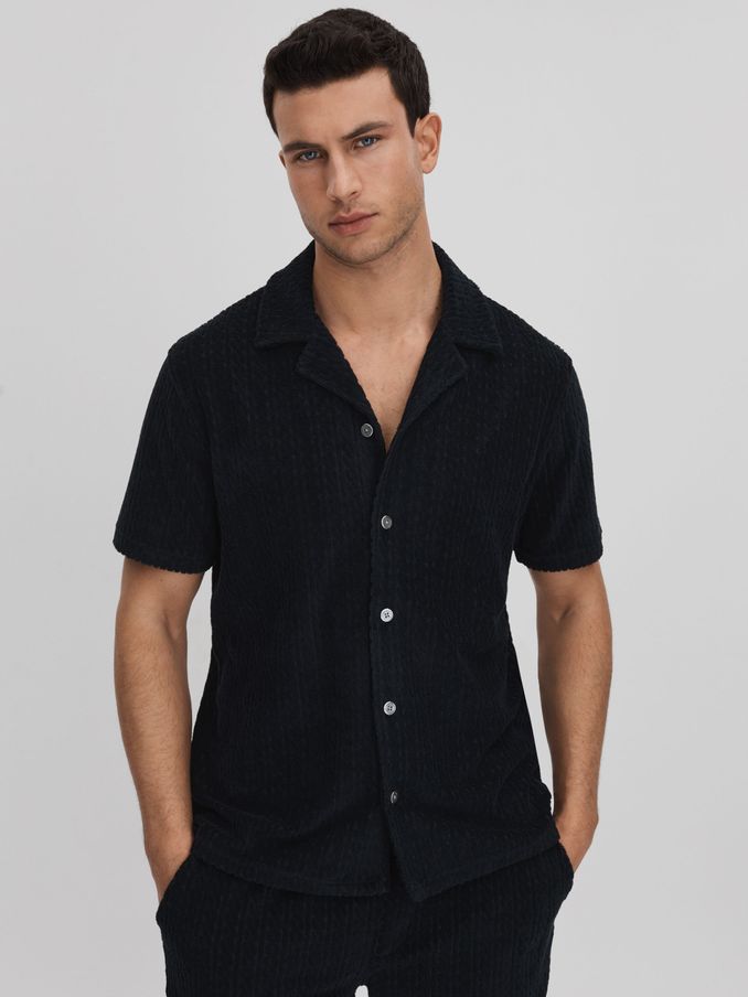 Towelling Cuban Collar Shirt in Navy (B80874) | €53