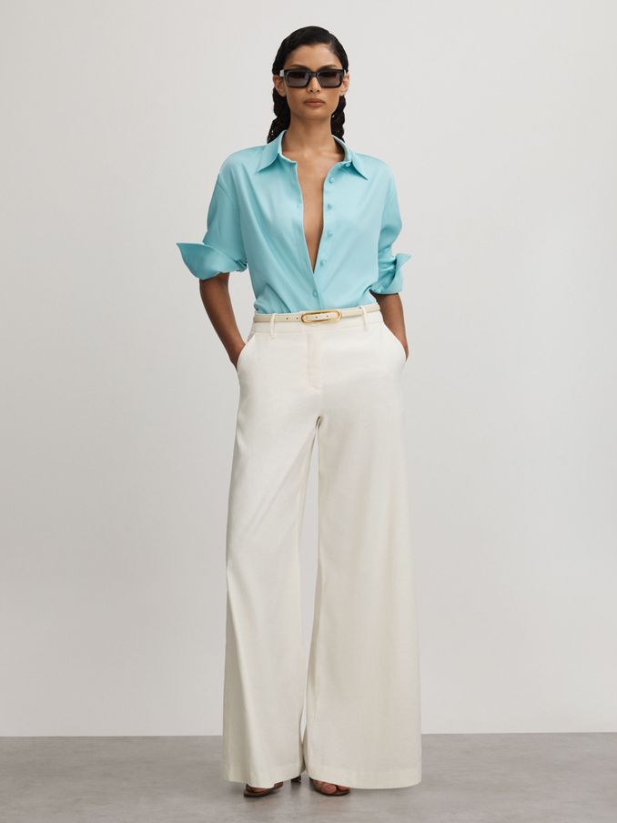 Anna Quan Wide Leg Linen Blend Trousers in Ivory (B80891) | US$370