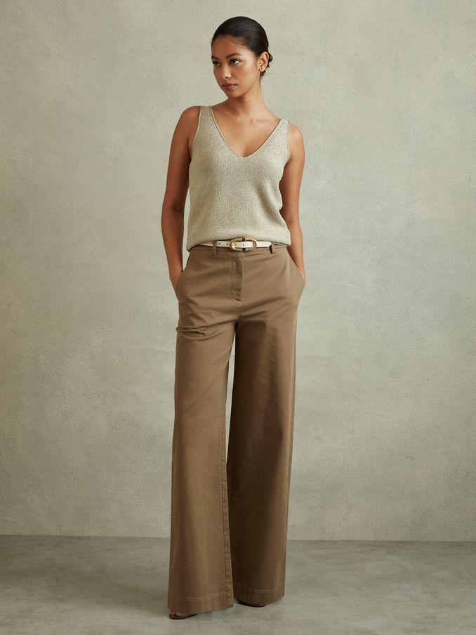 Petite Cotton Blend Wide Leg Trousers in Dark Camel (B81043) | US$98