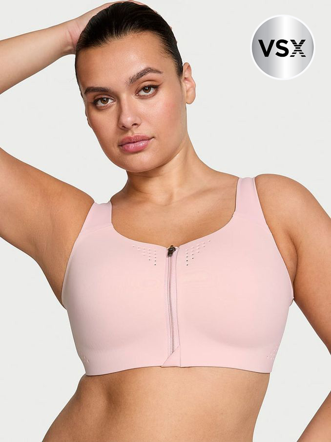 Chalk Rose Pink Strappy Back Front Close Featherweight Max High Support Sports Bra (B81646) | €63