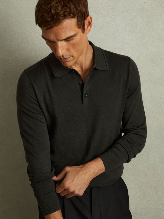 Merino Wool Polo Shirt in Dark Military Green (B82018) | $96
