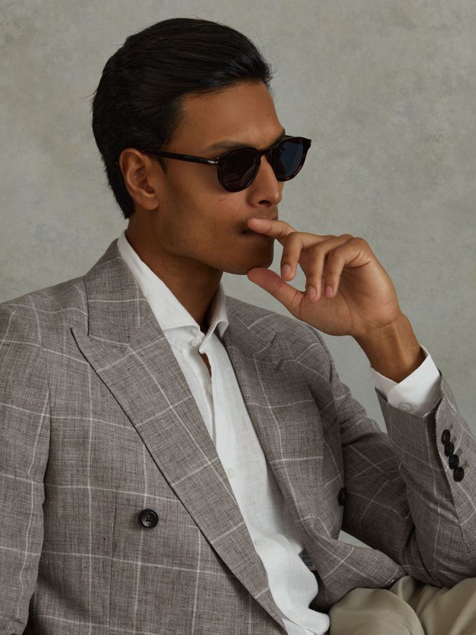 Linen Double Breasted Check Blazer in Light Taupe (B82492) | US$197