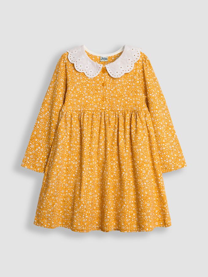 Mustard Yellow Ditsy Floral Broderie Collar Dress (B82887) | $16