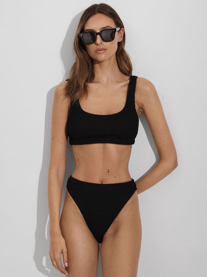 Good American Always Fits Textured Scoop Neck Bikini Top in Black (B82926) | $55