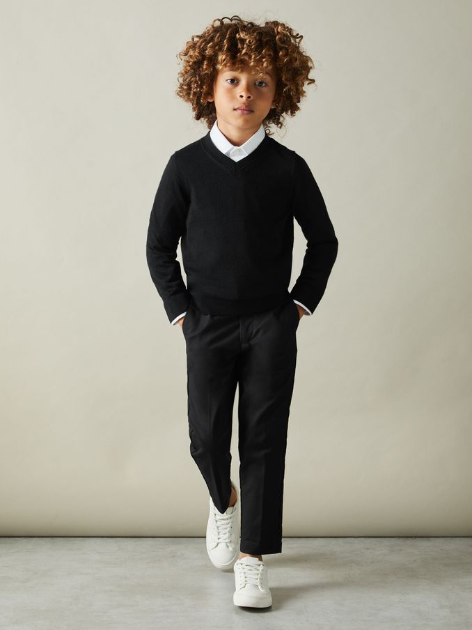 9-13 yrs Merino Wool V-Neck Jumper in Black (B83041) | US$55
