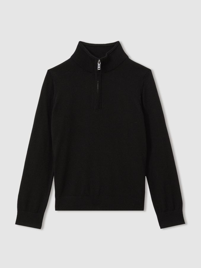 13-14 yrs Merino Wool Half-Zip Funnel Neck Jumper in Black (B83763) | US$70