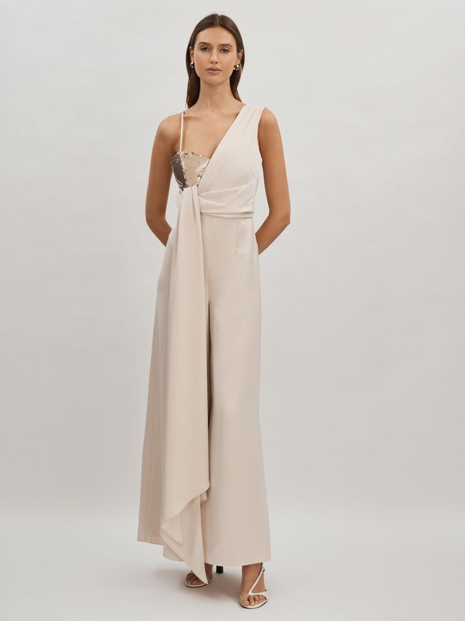 Halston Satin Sequin Wide Leg Jumpsuit in Champagne (B84004) | €414