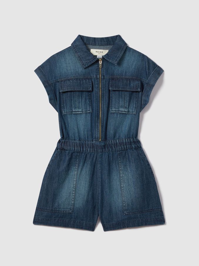 Teen Denim Zip-Front Playsuit in Blue (B86094) | US$39