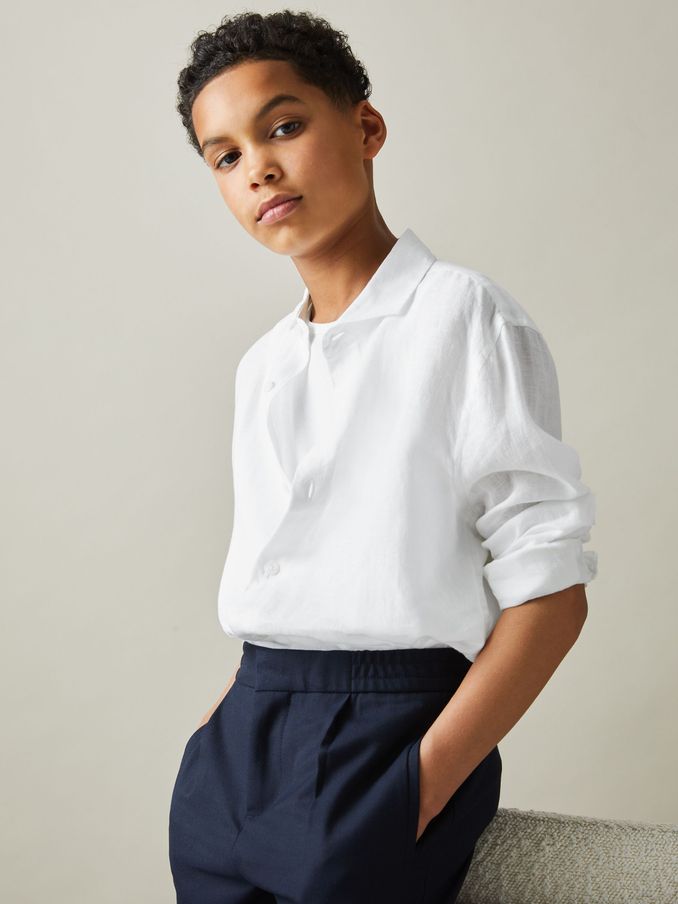 3-9 yrs Linen Cutaway Collar Shirt in White (B88258) | US$60
