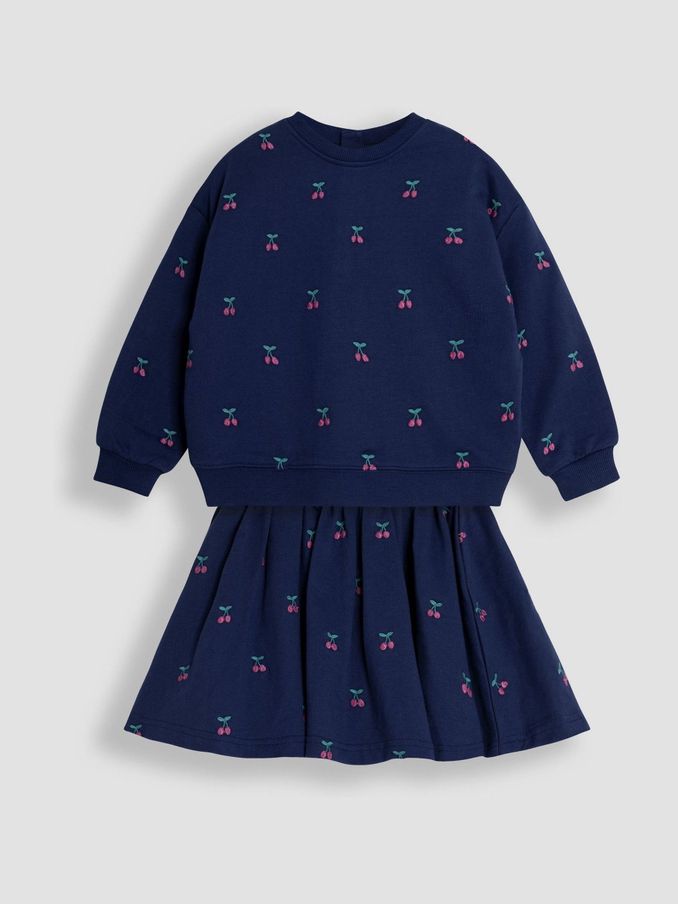 Navy Cherry Embroidered Sweatshirt And Skirt Set 2 Pack (B88364) | $51