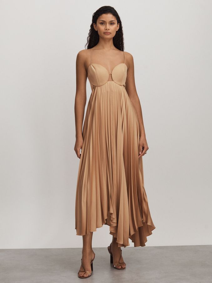 Acler Pleated Asymmetric Midi Dress in Gold (B88398) | US$372