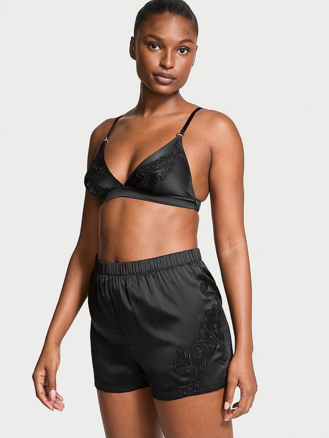 Black Jaguar Satin Triangle Bralette & Boxer Shorts Set (B89057) | €79