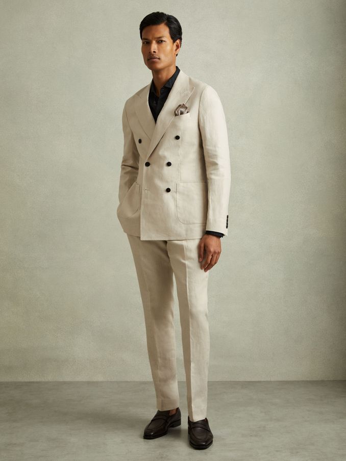 Linen Double Breasted Modern Fit Blazer in Oatmeal (B90115) | €183