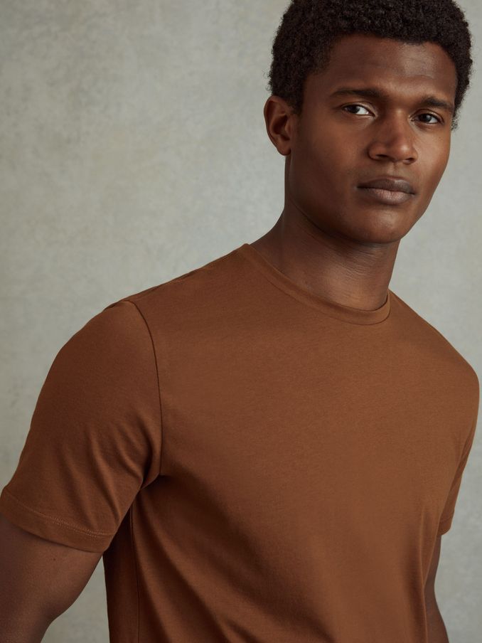 Cotton Crew Neck T-Shirt in Mocha Brown (B90887) | $27