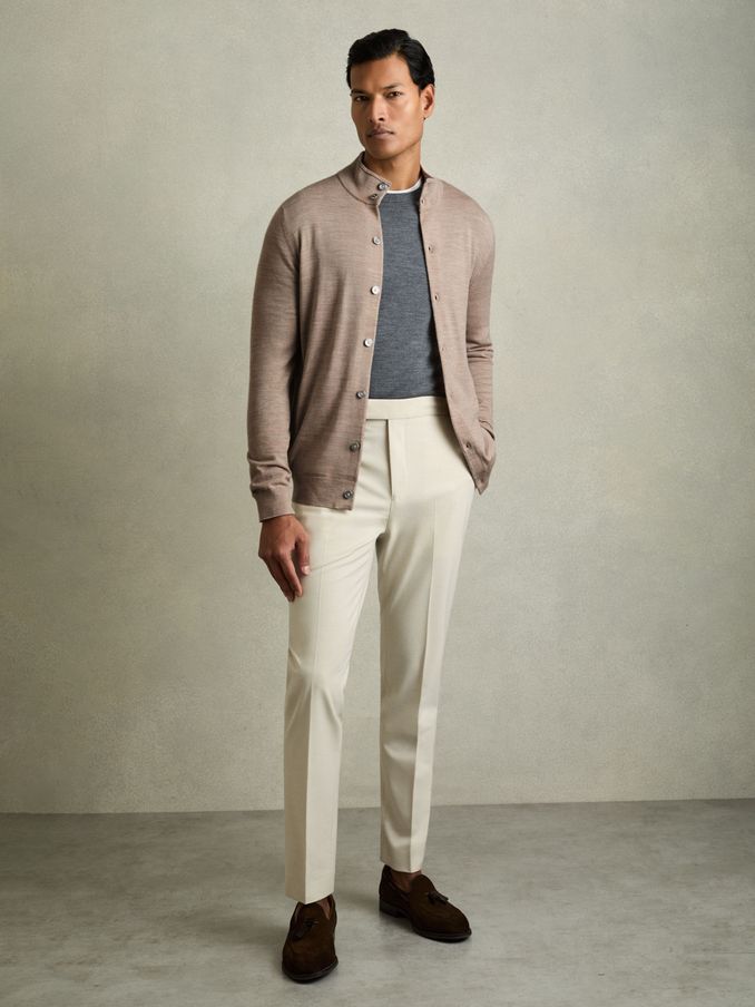 Merino Wool Button-Through Funnel Neck Cardigan in Wheat Melange (B91165) | US$93