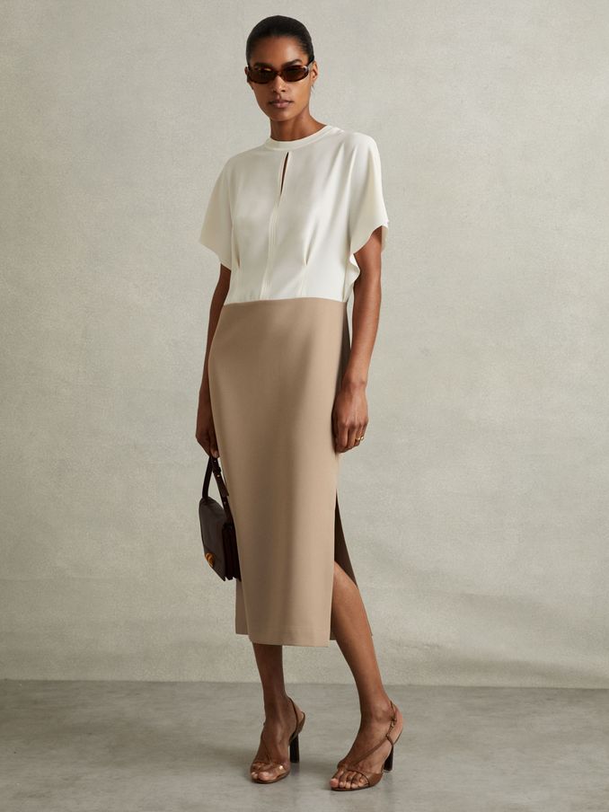 Miller Ivory/Stone Colourblock Draped Sleeve Midi Dress (B91741) | US$84