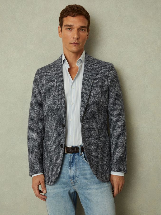 Tweed Single-Breasted Blazer with Wool in Navy/Grey (B92193) | CHF 171