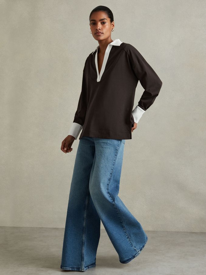 Aspen Chocolate/White Oversized Cotton Open Collar Jumper (B93043) | US$56