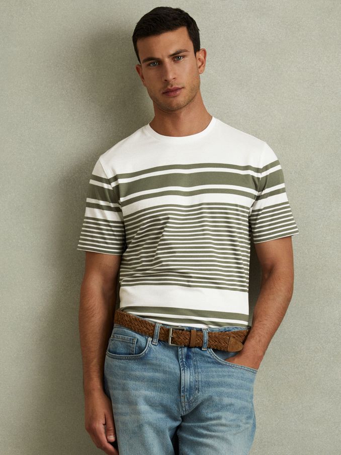 Mercerised Cotton Striped Crew Neck T-Shirt in White/Sage (B93525) | US$45