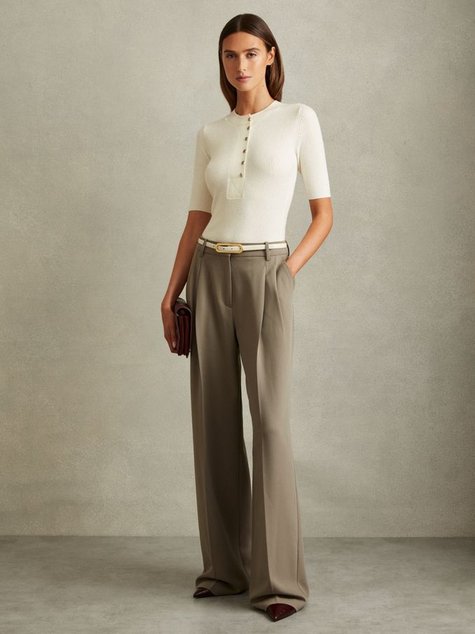 Wool Blend Button Detail Top in Ivory (B93785) | US$72