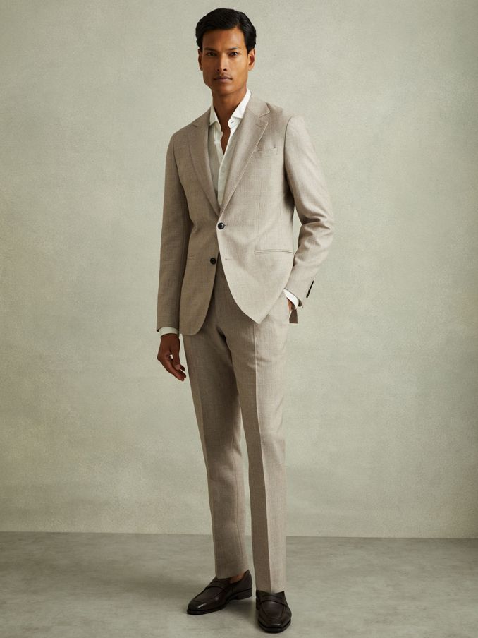 Checked Side Adjuster Trousers in Wool-Linen in Oatmeal (B94029) | $160