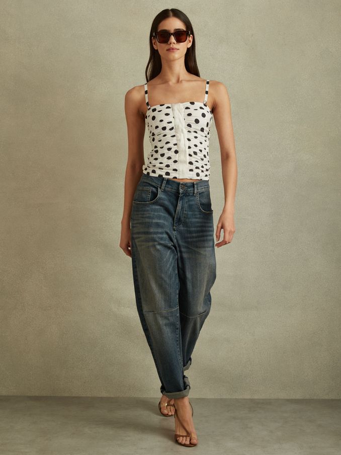Viscose Linen Polka Dot Ruched Strapless Top in White/Black (B94608) | US$71