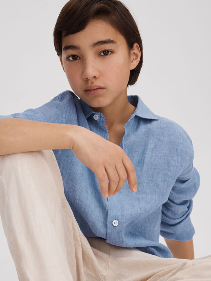3-9 yrs Linen Cutaway Collar Shirt in Sky Blue (B94872) | US$60