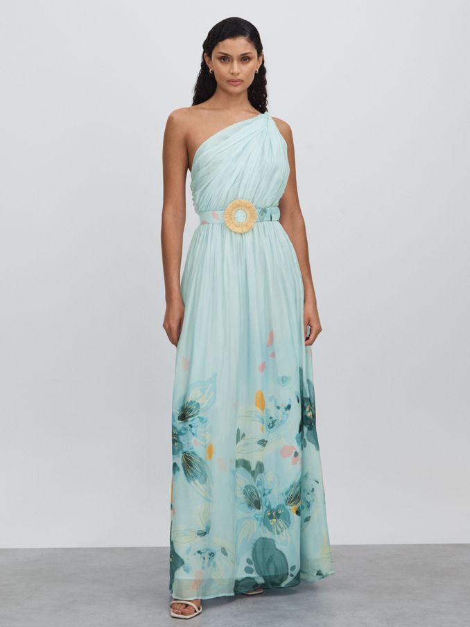 Leo Lin Silk Blend Pleated Asymmetric Maxi Dress in Blue Print (B95009) | €623