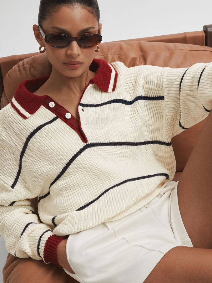 The Upside Oversized Cotton Polo Jumper in White Stripe (B96778) | €92