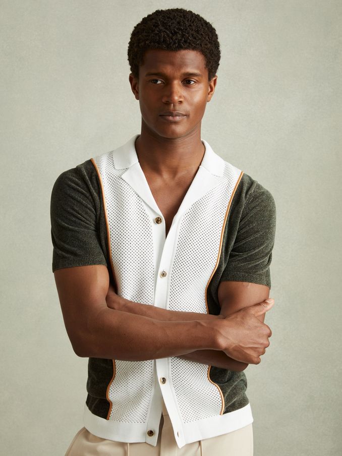 Hybrid Velour Cuban Collar Shirt in Green Smoke (B97152) | US$95