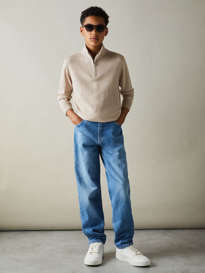 3-9 yrs Merino Wool Half-Zip Funnel Neck Jumper in Washed Stone (B97505) | US$24