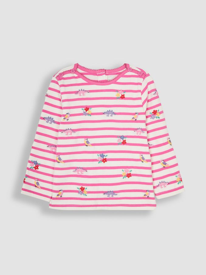 Pink Dino & Bird Button Shoulder Long Sleeve Embroidered Top (B98378) | $12