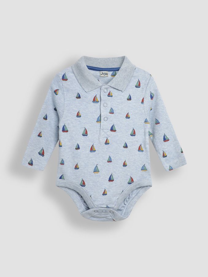 Light Blue Sailboat Printed Polo Shirt Bodysuit (B98458) | $9