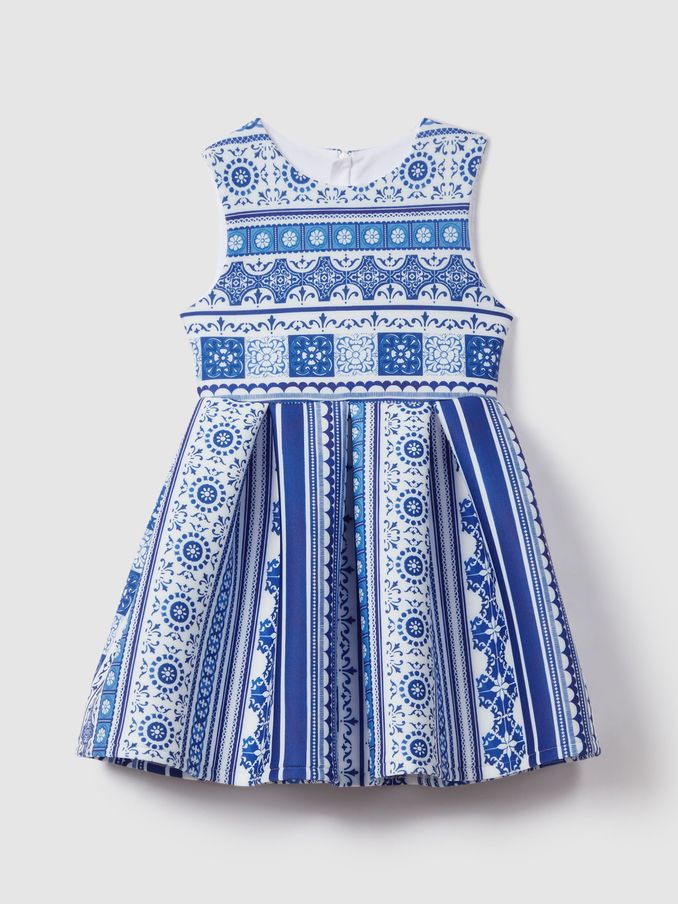 13-14 yrs Tile Print Scuba Fit-and-Flare Dress in Blue Print (B98603) | €50