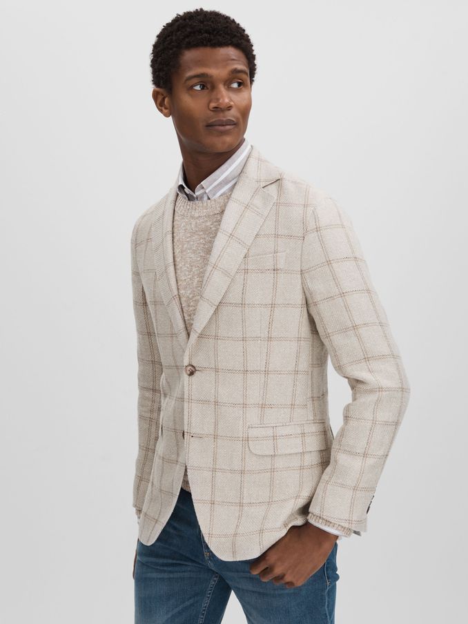 Oscar Jacobson Linen Blend Single Breasted Check Blazer in Cream (B98799) | US$495