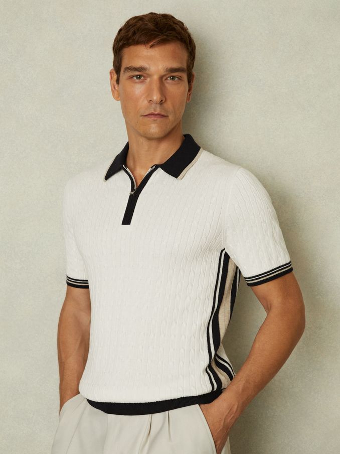 Cotton Blend Cable Knit Half-Zip Polo Shirt in Off White/Camel/Navy (B98927) | €91