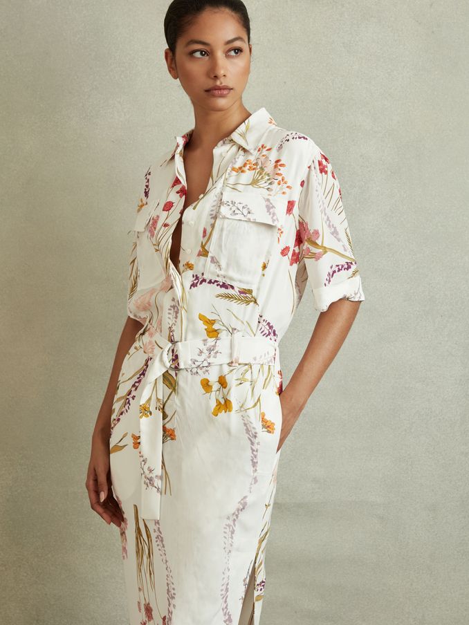 Floral Print Belted Midi Dress in Ivory/Orange (B99865) | US$131
