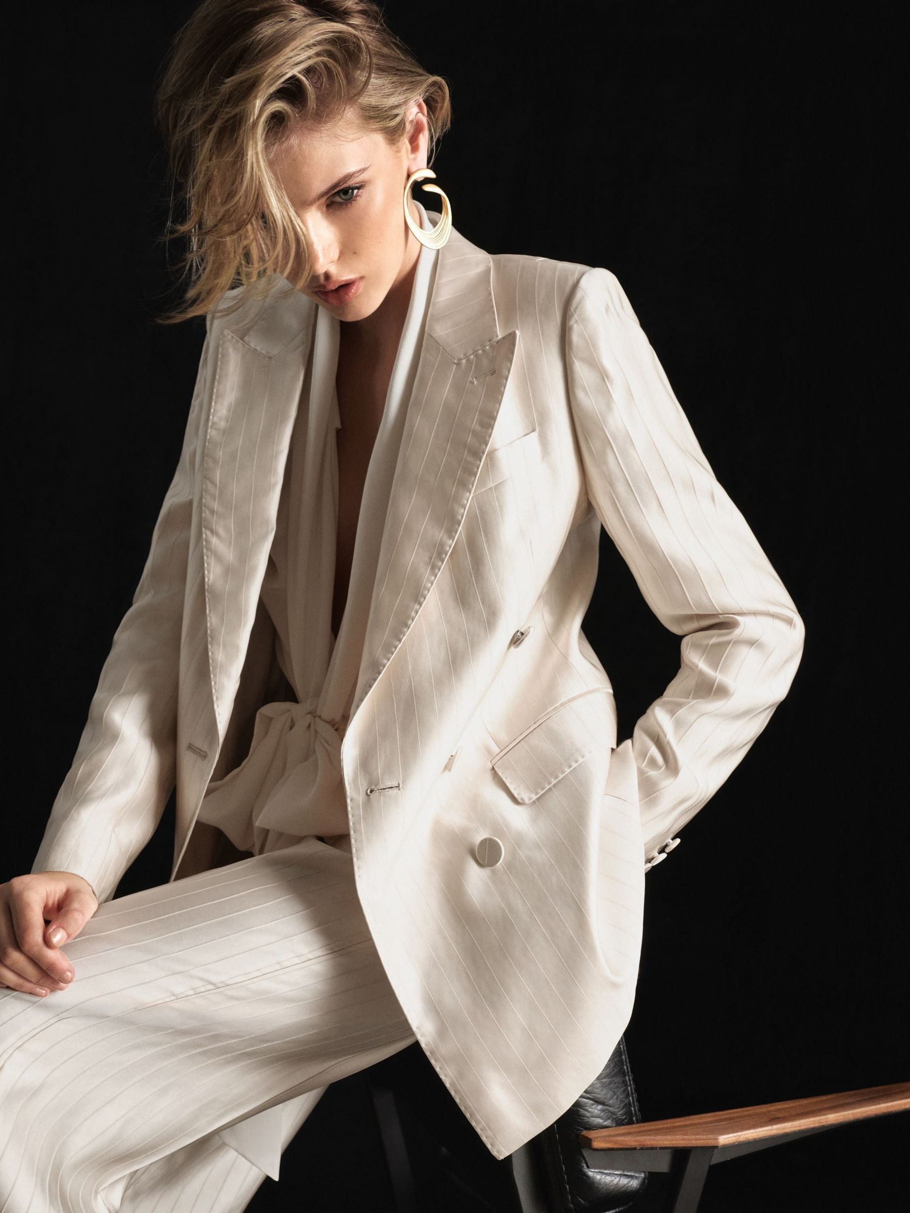 Cream - Atelier Cream Satin Pinstripe Double-breasted Blazer