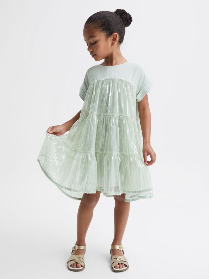 4-9 yrs Sequin Tiered Dress in Sage (C01183) | US$56