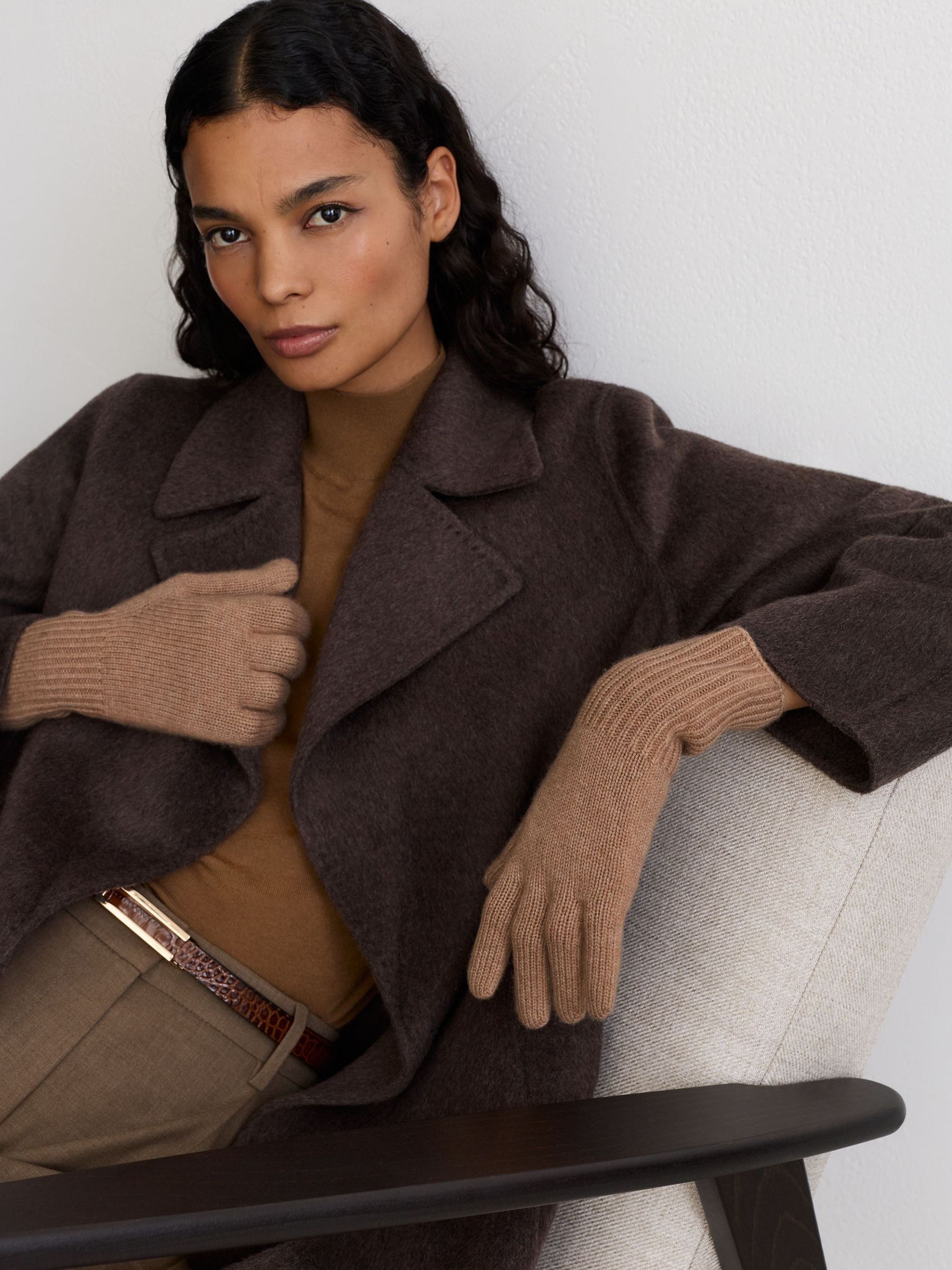 رمادي بني - Wool-blend Knitted Gloves With Cashmere